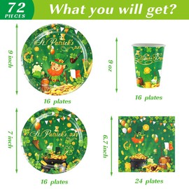 72 Pcs St.Patrick Day Party Tableware Set Include Green Shamrock Dinner Plates,Dessert Plates,Paper Cups,Napkins,Happy St.Patrick Day Festival Party Supplies for 16 Guests