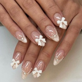 French Tip Press on Nails Almond False Nails with Designs 3D Bow White Nails Press on Acrylic Nails Glossy Cute Glue on Nails Heart Fake Nails Silver Pearl Artificial Nails for Women Manicure 24 Pcs