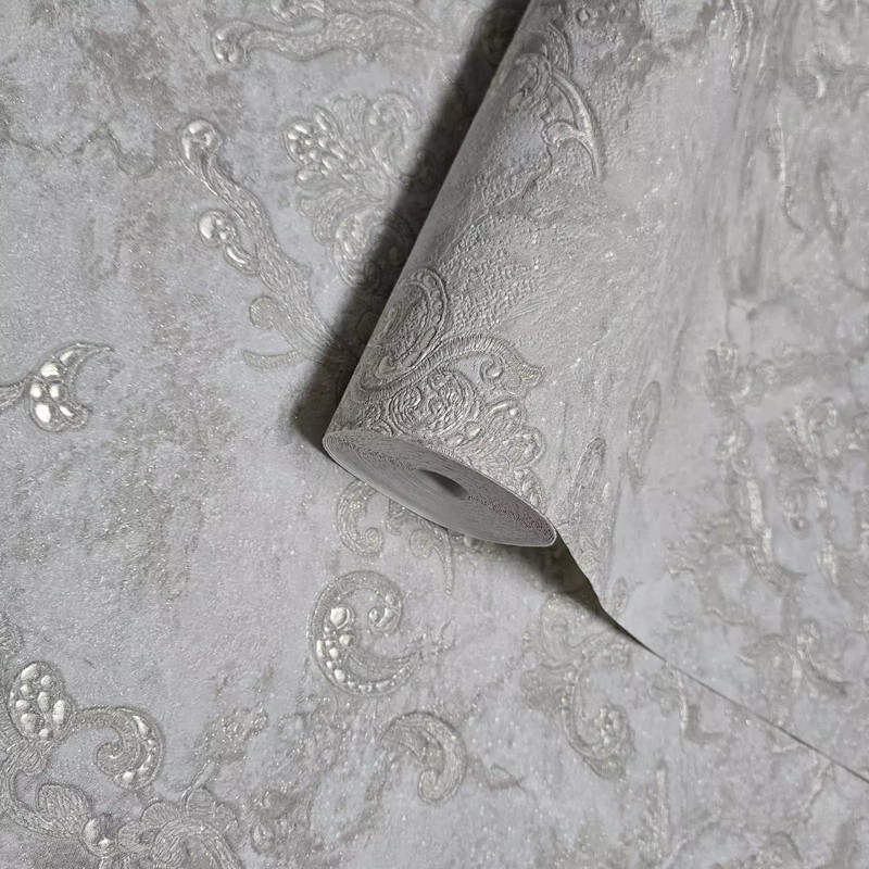 Gray Brass Metallic Distressed Pearl Plaster Textured Victorian Damask Wallpaper