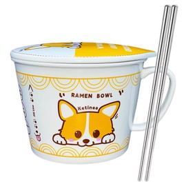 Ketinea 34oz Ceramic Ramen Bowl Set Charming, Lid, Handle, and Stainless Steel Chopsticks Elevate Your Noodle Experience Ideal Gift for Teens and Kids (corgi)