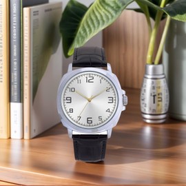 COMTEX Classic Men's Analogue Watch with Black Leather Strap, Silver Case, White dial with Digital Quartz Watch