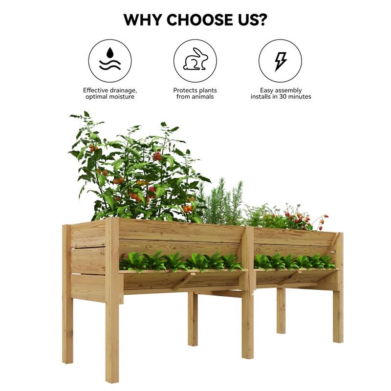 Hipicute 2 Tiers Wooden Raised Planter Box,72x23x30-Inch,Mobile Elevated Wood Planter,