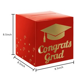 Graduation Card Box Holder, Congrats Grad Foldable Cardboard Decorations Box for Graduation Party Decoration and Grad Parties (Red)
