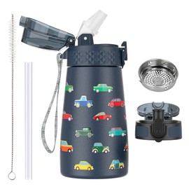 OLDLEY 350ml/12oz Kids Stainless Steel Water Bottle with Straw for School with 2 Different Lid Metal Vacuum Insulated Water Bottles Small Flask for Boys Girls Toddler Children Hot Cold Drinks BPA Free