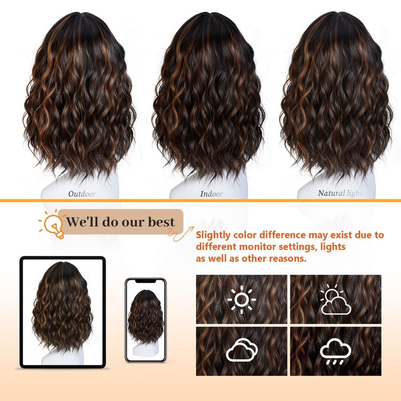 RUNM Short Bob Wavy Wigs for Women Black Mix Brown
