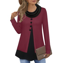 Datuhao Tunic Women's Long Sleeve Elegant 2 in 1 Pullover Long Sweatshirt Shawl Collar Patchwork Jumper, darkred