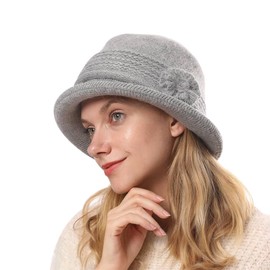 ZffXH Womens Cloche Hat, Winter Knit 1920 Vintage Beanie Cap Bowler Church Bucket Dress Felt for Women Ladies Seniors Light Grey