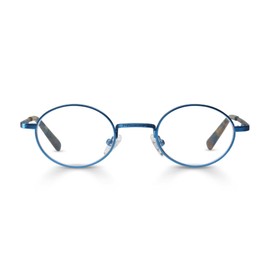 eyebobs Teddy Premium Reading Glasses for Women and Men | Round Average-Size Reading Glasses | Blue Metal Front with Blue Metal and Green Tort Temples | 1.75