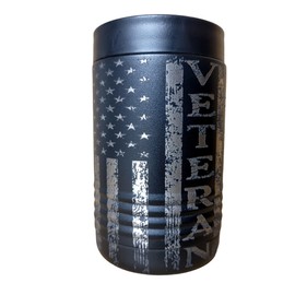 US Veteran American Flag Double Walled Stainless Steel Insulated Can Cooler – Holds 12 or 16 oz Cans or 12 oz Bottles - Two-Sided Engraving - US Vet Can Cooler