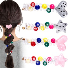 VARMDUKKE 4PCS Star Heart Spiral Hair Ties with Beads, 2 Colors Star Heart Bead Phone Cord Ponytail Holders for Women, Elegant Rubber Hair Coils, Stylish Hair Accessories for Party, Daily Use