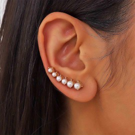 Aneneiceera Boho Pearl Ear Climber Earrings Pearl Crawler Earrings Vintage Cluster Pearl Stud Earrings White Pearl Climbing Earrings Jewelry for Women