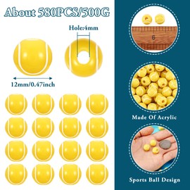 Crafans - 50 abalorio redondas acrílicas de tenis de 12 mm con agujero grande, abalorio de bola deportiva amarillas opacas, gruesas, para manualidades, joyería
