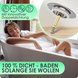 KH® Elegant Universal Bathtub Plug, Diameter 72 mm, Rustproof, for All Standard Baths, Height-Adjustable Bath Plug Closure, Bathtub, Version 2.0 – 100% Leak-Proof, with 2 Double Seals