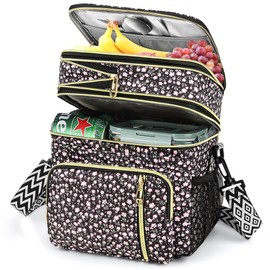 LOKASS Lunch Box for Women-16L-Insulated Lunch Bag Women, Expandable Double-layer Leakproof Cooler Bag with Upgrade Adjustable Shoulder Strap Ideal for Work/Travel/Picnics（Black Flower）