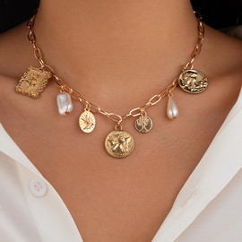 ALRNBY Gold Charm Necklace for Women Dainty Boho Pearl Coin Drop Necklace Pendant Paperclip Chain Necklace Trendy Flower Jewelry Gift