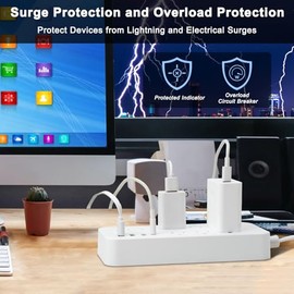 7.6M Plana Extension Electrica, Regleta Multicontacto con Protector de Sobretensión, Enchufe Plano Conector Multiple con 8 Salidas CA y 4 USB, Supresor de Picos para Hogar Dorm Oficina