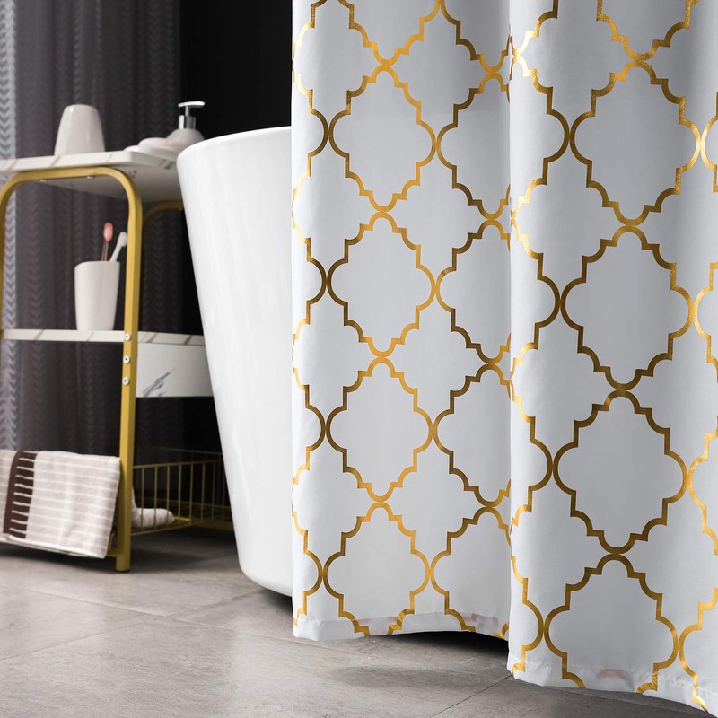 FINECITY White Shower Curtain Gold Moroccan Pattern with 12 Hooks