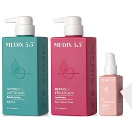 Medix 5.5 Anti Aging Skin Care 3PC Set | Vitamin C Body Cream + Exfoliating AHA Glycolic Acid Foaming Face & Body Wash + Vitamin F Booster Serum, Wash + Treat + Hydrate Skincare Set