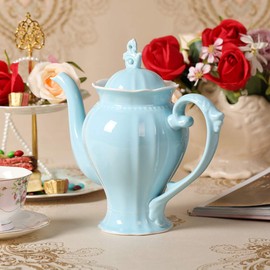 Fine Porcelain Light Blue English Teapot, Coffee Pot, Victoria Style, Light Weight, 37 Oz