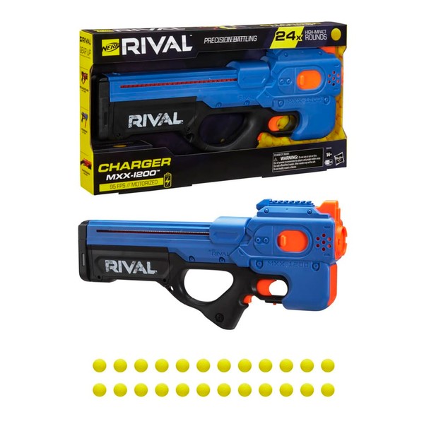 NERF Rival Charger MXX-1200 Motorized Blaster - 12-Round Capacity, 100 FPS Velocity - Includes 24 Official Rival Rounds - Team Blue