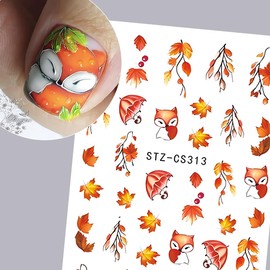 Autumn Nail Art Stickers, Cute Fox Nail Art Decals 3D Self-Adhesive Maple Leaves Pumpkin Bow Nails Stickers Autumn Blossom Flowers Nail Design 8Pcs Nail Art Supplies for Women Nail Decoration