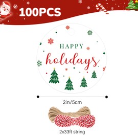 G2PLUS Happy Holiday Tags, 100PCS Christmas Holiday Tags, 2'' Round Holiday Gift Tags, Christmas Tree Paper Gift Tags with String for Xmas Gift Wrapping, DIY Arts & Crafts, Holiday Season Party Favors