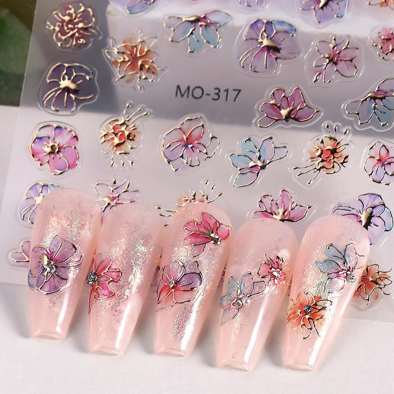 3D Dreamy Purple Gold Flower Nail Stickers for Women Bronzing