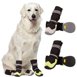 Shoes for Large Dogs, Medium Dog Boots & Paw Protectors for Winter Day, Summer Hot Pavement, Waterproof in Rainy Weather, Outdoor Walking, Indoor Hardfloors Reflective Tape at Night（Black White3）