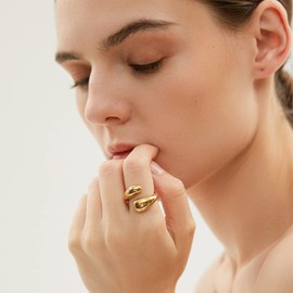 YADUDA Gold Rings for Women Minimalist Teardrop Chunky Rings High Polish Tarnish Resistant Open Rings Womens 14K Gold Plated Wide Thick Bold Statement Ring for Women, Size 7