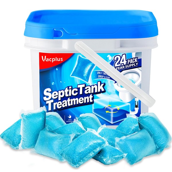 Vacplus Septic Tank Treatment - 24 Packs for 2-Year Supply, Bucket-Packed Septic Tank Treatment Packets, Dissolvable & Flushable Septic Tank Treatment Enzymes with Easy Operation for Wastes & Odors