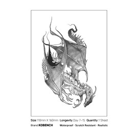 kobench Temporary Tattoos,Landing Dragon - K175 Design,Waterproof,Easy-to-Apply,Long Lasting 1-2 Weeks, Plant-Based,Dragon Tattoos