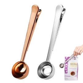 2 PCS Coffee Scoop with Bag Clip, Coffee Scoop and Clip, Coffee Spoon Clip, for Cafetiere Ground Coffee and Beans(Silver+Rose Gold)
