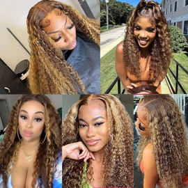 Dokksiiia Dark Brown Mix Honey Blonde Highlight Bundles P4/27 Piano Color Kinky Curly Weave Human Hair Bundles Chocolate Brown & Honey Blonde Ombre Extensionsn 24/26/28 Inch
