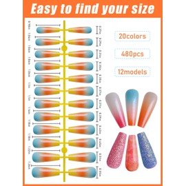 TOROKOM 480Pcs Long Press On Nails Ballerina False Nails with Designs Ombre Marble Gradient Glitter Fake Nails Full Cover Artificial Nails for Women and Girls