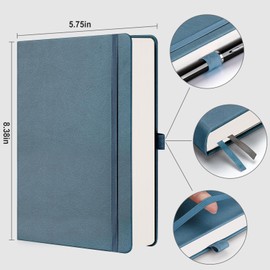 RETTACY A5 Bullet Dot Grid - Dotted Notebook with 320 Numbered Thick Journal Leather Hardcover 100gsm Paper Pen Holder, Inner Pocket, 2 Free Journal Stencils 14.5 x 21cm - GBlue