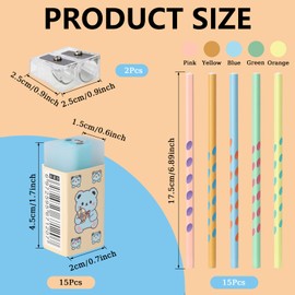 DYMHQ 32Pcs Pencils Rubbers Sharpeners Set, 15 Pre-Sharpened Triangular Pencils, 15 PVC Jelly Sandwich Eraser, Multicolor Wood HB Pencil Non-Slip, Eraser Pencil Set with 2 Sharpeners for Kids Writing