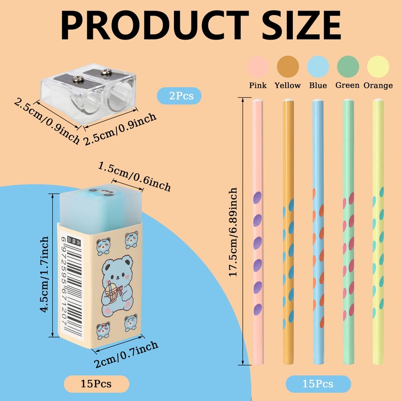 DYMHQ 32Pcs Pencils Rubbers Sharpeners Set, 15 Pre-Sharpened Triangular Pencils,