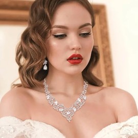 Ever Faith Women's Wedding Jewelry Sets Clear Rhinestone Crystal Floral Leaf Vine Teardrop Necklace Dangle Drop Earrings Set for Brides Bridal Silver-Tone