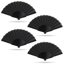Grantop 4 Pcs Black Folding Hand Fan Set, Silk Fabric Plastic Ribs Handheld Fan, Folding Chinese Fan for Wedding Christmas Party Prom Festival DIY Home Decorations (4Pcs, Black)