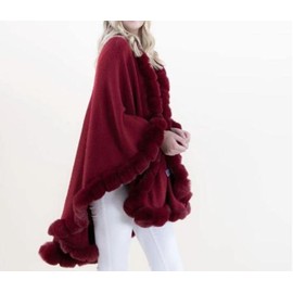 Cashmere Pashmina Group Cape Faux Fur ruana coat blanket Fur Caplet Wrap Shrug Sweater Poncho dress shawl (Wine Wool blend cape with faux fur trim)