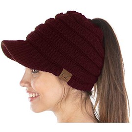 Funky Junque Exclusives BeanieTail Messy Bun Ponytail Beanie Hat - Brim Burgundy