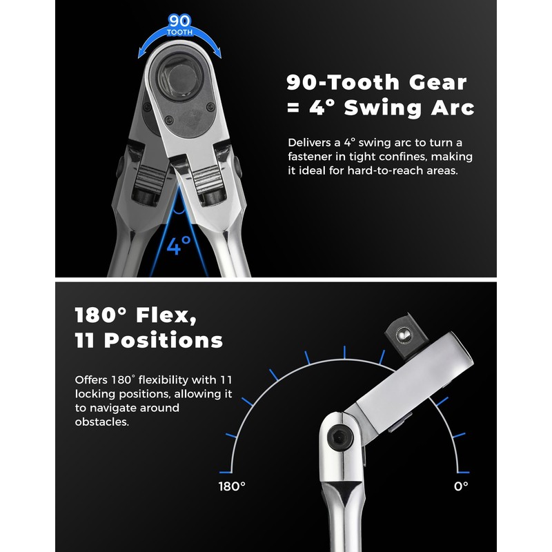 toolant 1/2" Drive Flex Head Ratchet, 90 Tooth Compact Flex