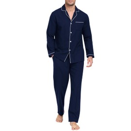MoFiz Men's Cotton Christmas Pajamas Sets Sleepwear Long Sleeve Button Down Pajamas For Men With Pants Soft Plaid PJ Pants Set With Pockets Navy Blue