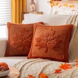SINYASAN Rust Red Maple Leaf Fall Pillow Covers 18x18 Inches Set of 2 Fluffy Faux Fur Decorative Throw Pillow Covers for Couch, Soft Embroidered Farmhouse Cushion Cases for Autumn Home Décor
