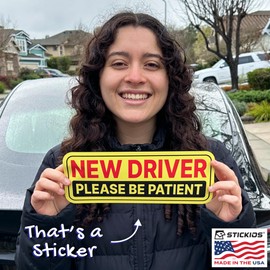 Stickios New Driver Stickers (Non-Magnetic) for Cars & Windows - Reusable, Removable, Paint-Safe Vinyl Decals - Made in USA (10.5x4 inches, 8-Pack)
