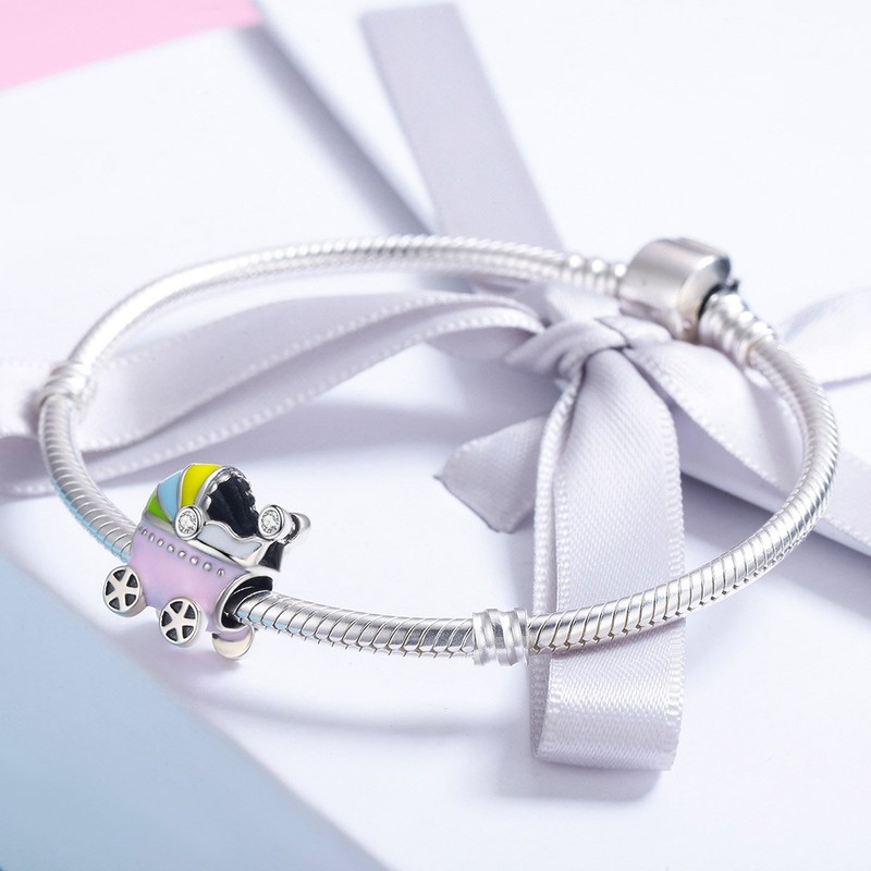 Pink Baby Carriage Charm 925 Sterling Silver Pram Charm Beads