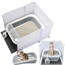 Paterr Large Collapsible Cat Litter Box with Cat Litter Box Enclosure Splash Guard Cat Litter Mat and Scoop, Low Entry Senior Cat Litter Box Kit Easy Clean for Arthritic Old Feeble Cat Kitten, Gray