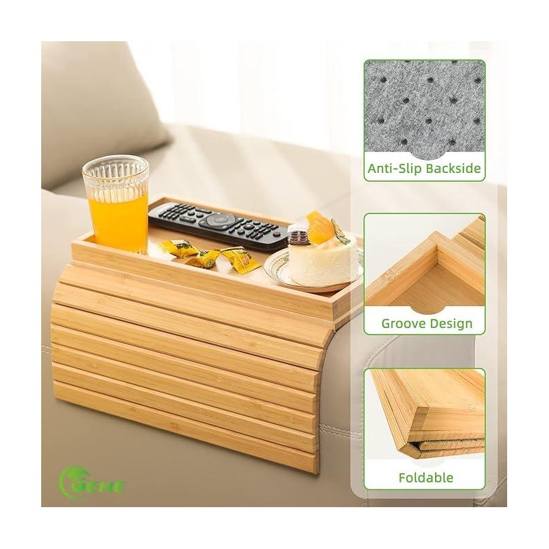 GEHE Sofa Arm Tray Bamboo Sofa Tray Table for Couch,