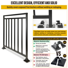 Epcee Aluminum Deck Post Base Cover, Handrail, Stair, Porch, Deck Railing Base Brackets Covers (1.25"x1.25", 3.5"x3.5", Black, 4)