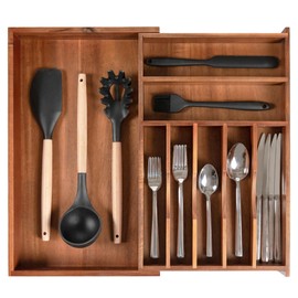 KitchenEdge Premium Silverware, Flatware and Utensil Organizer for Narrow Kitchen Drawers, Expandable 10.5 to 19 Inches, 8 Storage Compartments, Non-Slip Feet, Food-Safe Premium Acacia Wood Finish
